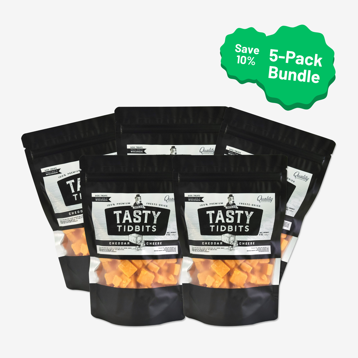 Five bags of Dapper Dog Cheddar Cheese Tasty Tidbits, freeze-dried cheese cubes, in a 5-pack bundle that saves 10%