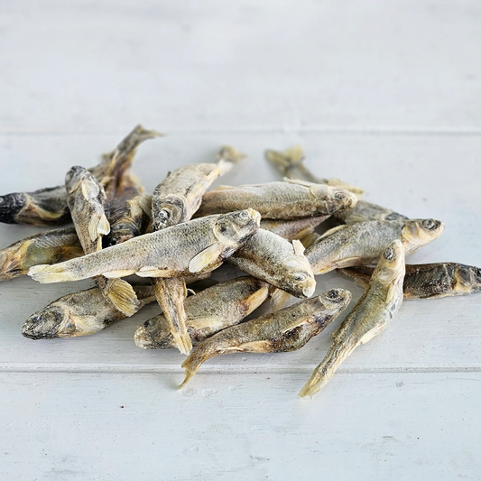 Whole freeze-dried minnows from Minnows Tasty Tidbits piled on a white wooden surface