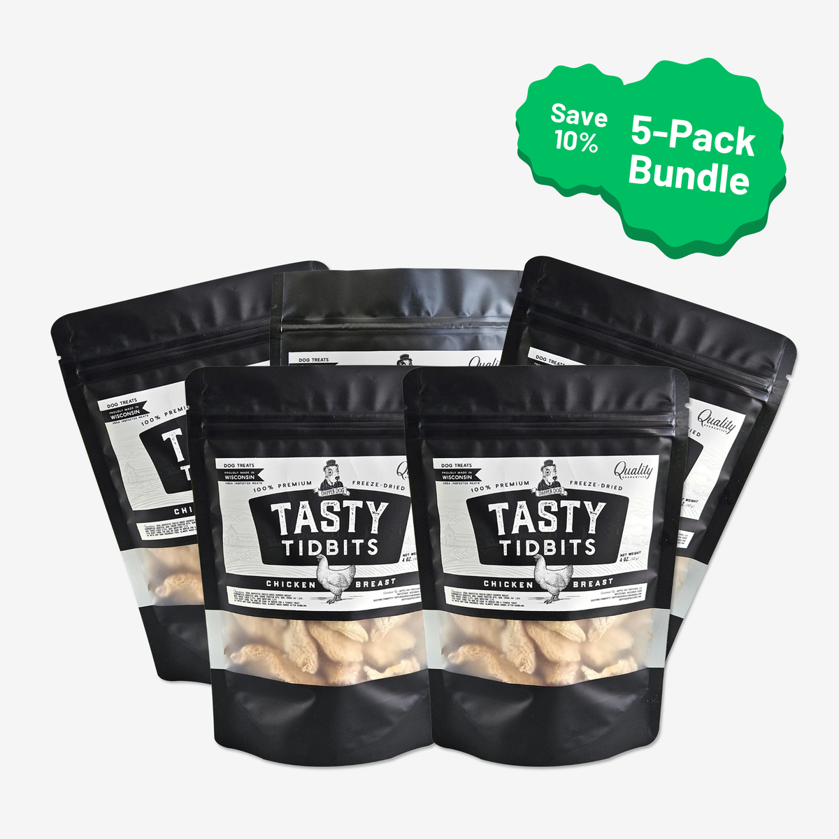 Five bags of Dapper Dog Chicken Breast Tasty Tidbits in a 5-pack bundle that saves 10%