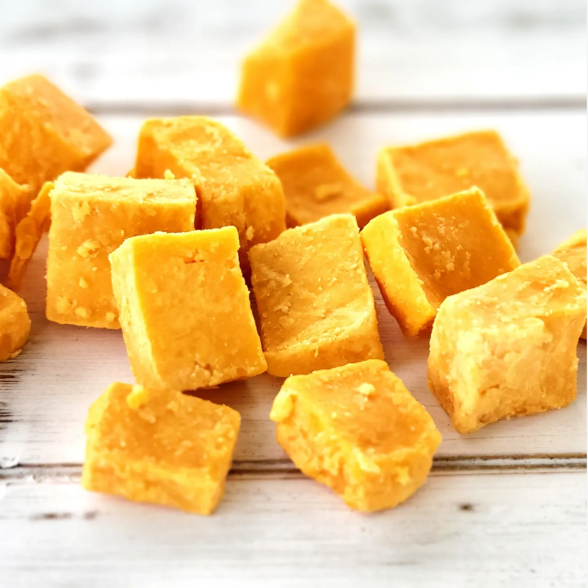 Close-up of freeze-dried Cheddar Cheese Tasty Tidbits cubes