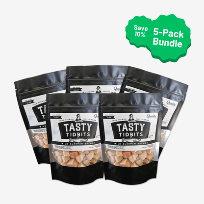 5-pack bundle of Dapper Dog Wild Alaskan Salmon Tasty Tidbits bags, save 10%