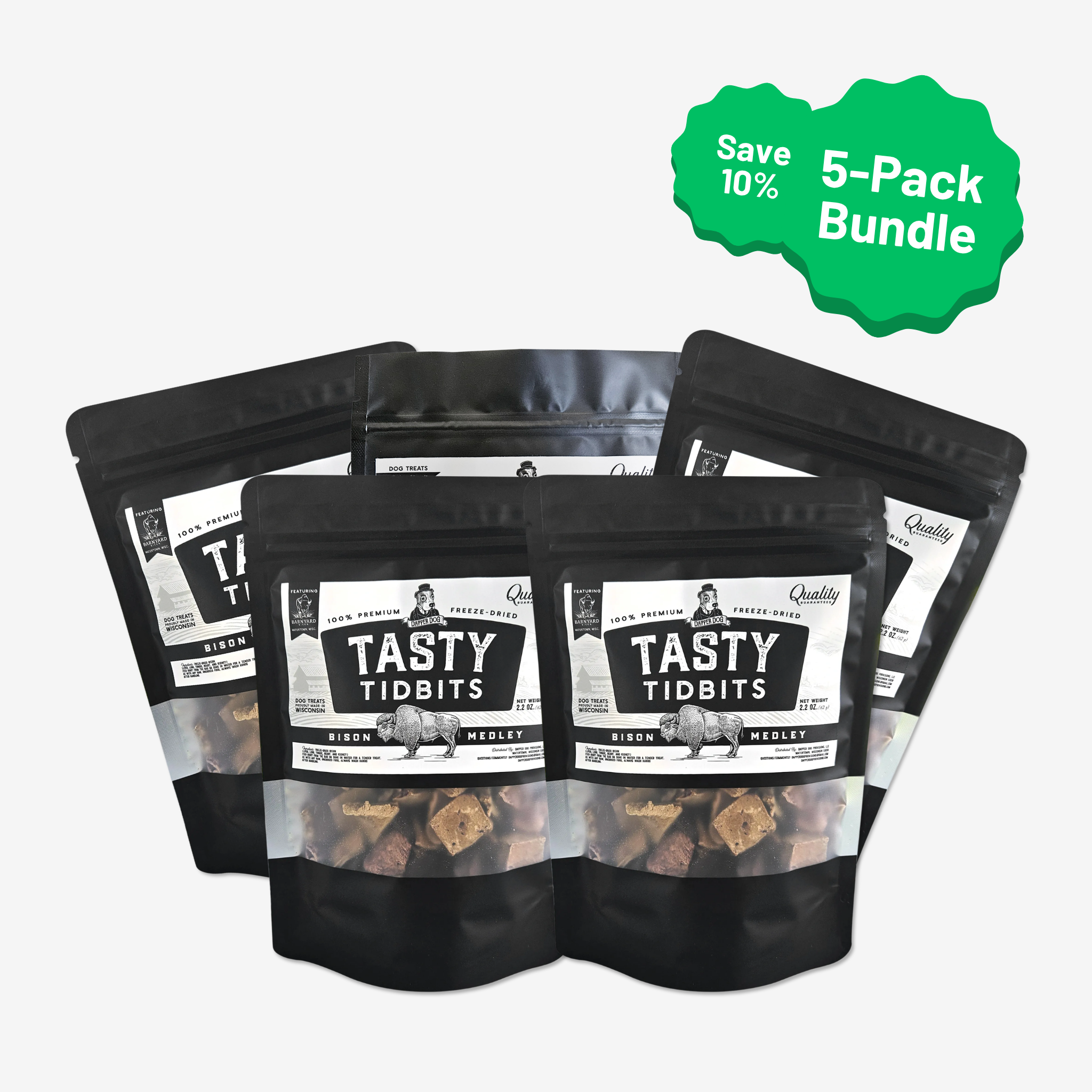 Five bags of Dapper Dog Bison Medley Tasty Tidbits in a 5-pack bundle that saves 10%