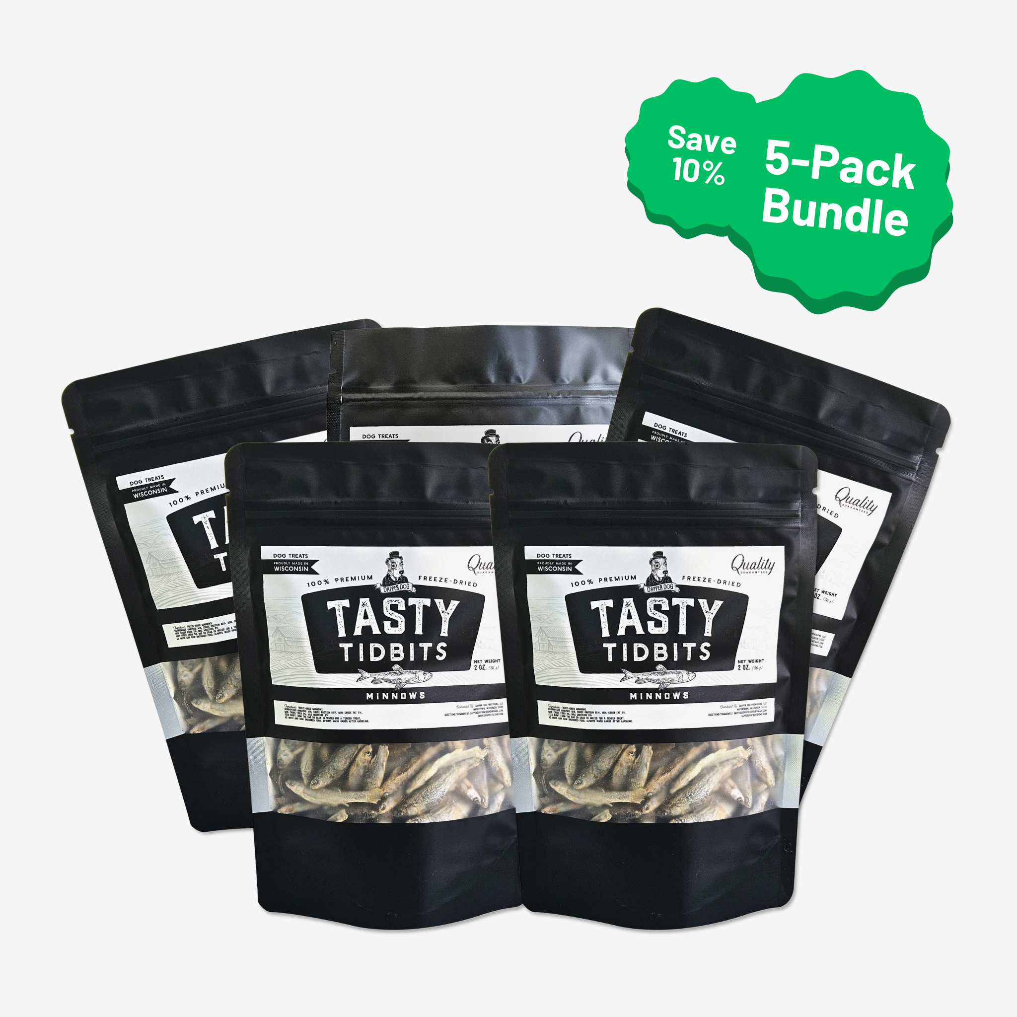 Five bags of Dapper Dog Minnows Tasty Tidbits in a 5-pack bundle that saves 10%
