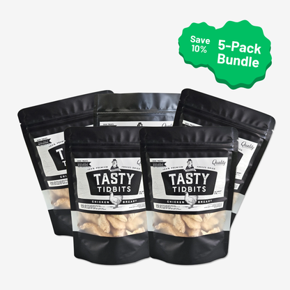 Five bags of Dapper Dog Chicken Breast Tasty Tidbits in a 5-pack bundle that saves 10%