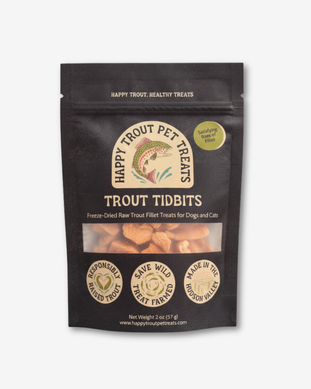 Happy Trout Trout Tidbits bag, freeze-dried raw trout fillet treats for dogs and cats, 2 oz