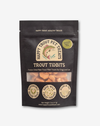 Happy Trout Trout Tidbits bag, freeze-dried raw trout fillet treats for dogs and cats, 2 oz