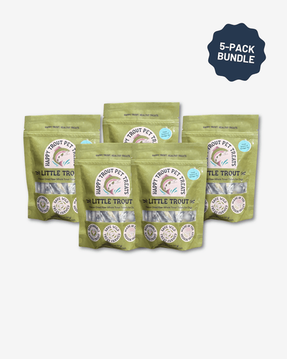 Five bags of Little Trout freeze-dried whole trout treats, 5-pack bundle