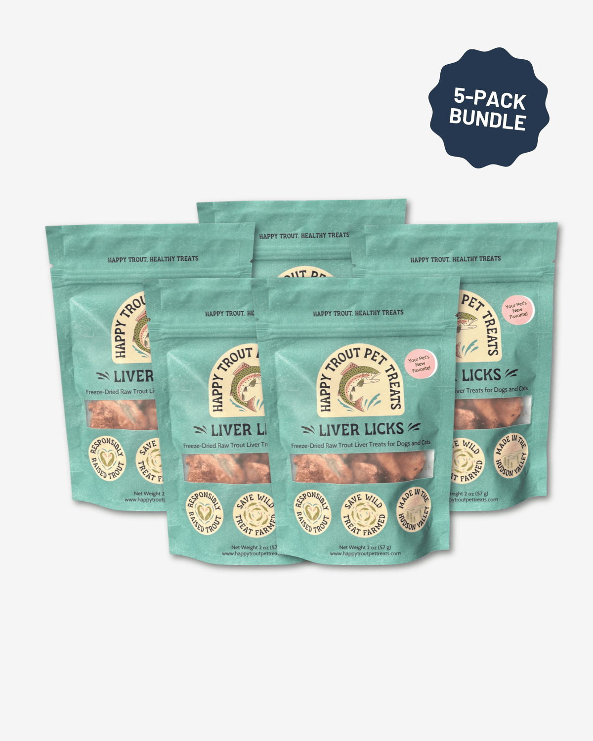 Five bags of Liver Licks freeze-dried trout liver treats, 5-pack bundle