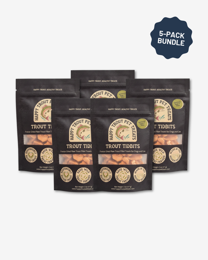 Five bags of Happy Trout Trout Tidbits freeze-dried trout fillet treats, 5-pack bundle