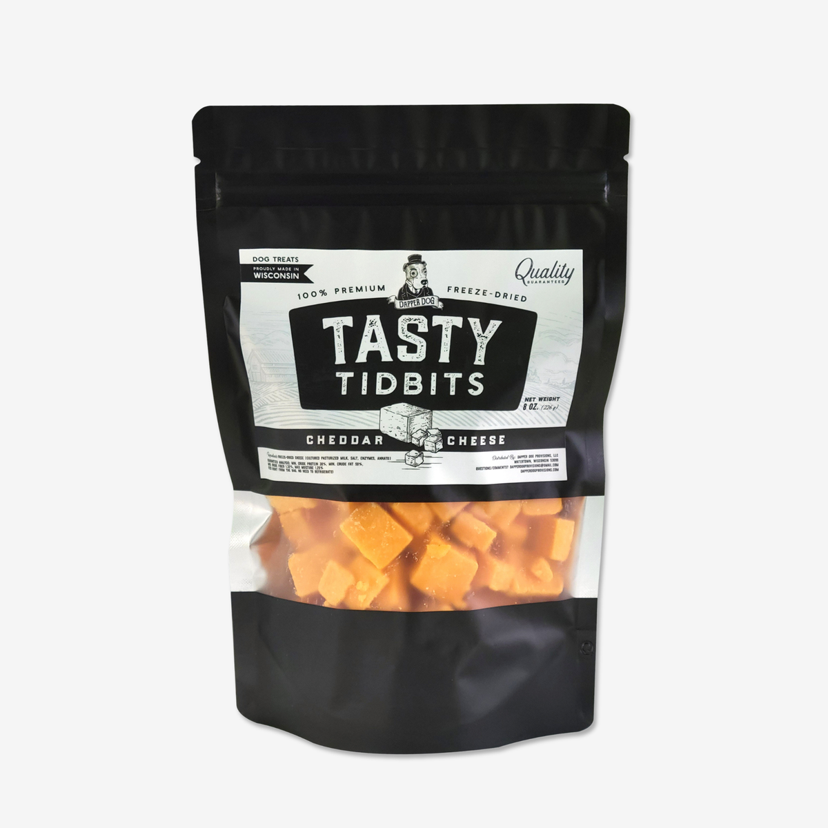 Bag of Dapper Dog Cheddar Cheese Tasty Tidbits, freeze-dried dog treats