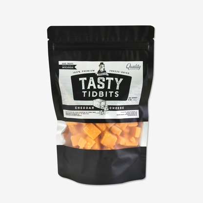 Bag of Dapper Dog Cheddar Cheese Tasty Tidbits, freeze-dried dog treats