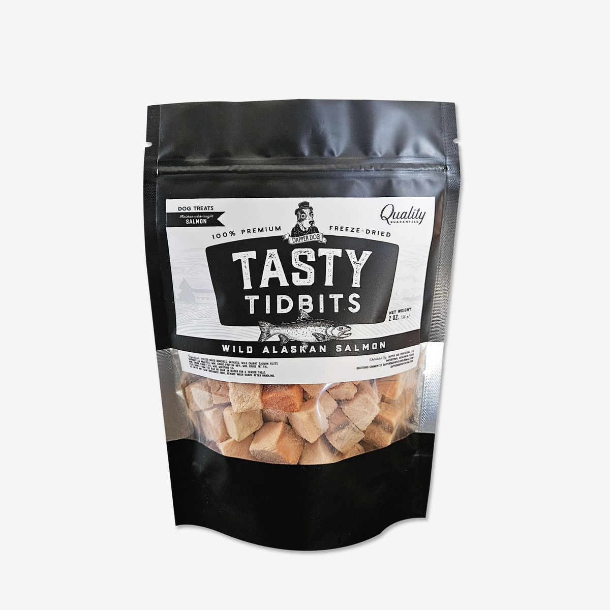 Bag of Dapper Dog Wild Alaskan Salmon Tasty Tidbits, freeze-dried dog treats
