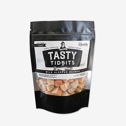 Bag of Dapper Dog Wild Alaskan Salmon Tasty Tidbits, freeze-dried dog treats