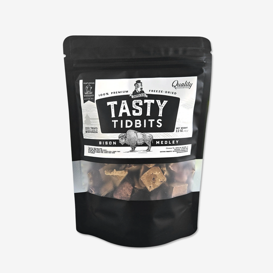 Dapper Dog Bison Medley Tasty Tidbits bag with freeze-dried bison treats visible through the window