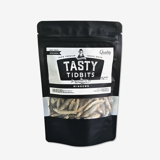 Dapper Dog Minnows Tasty Tidbits bag with whole freeze-dried minnows visible through the window